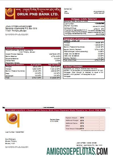 Butão Druk PNB Declaração de hipoteca bancária Scr exemplo
